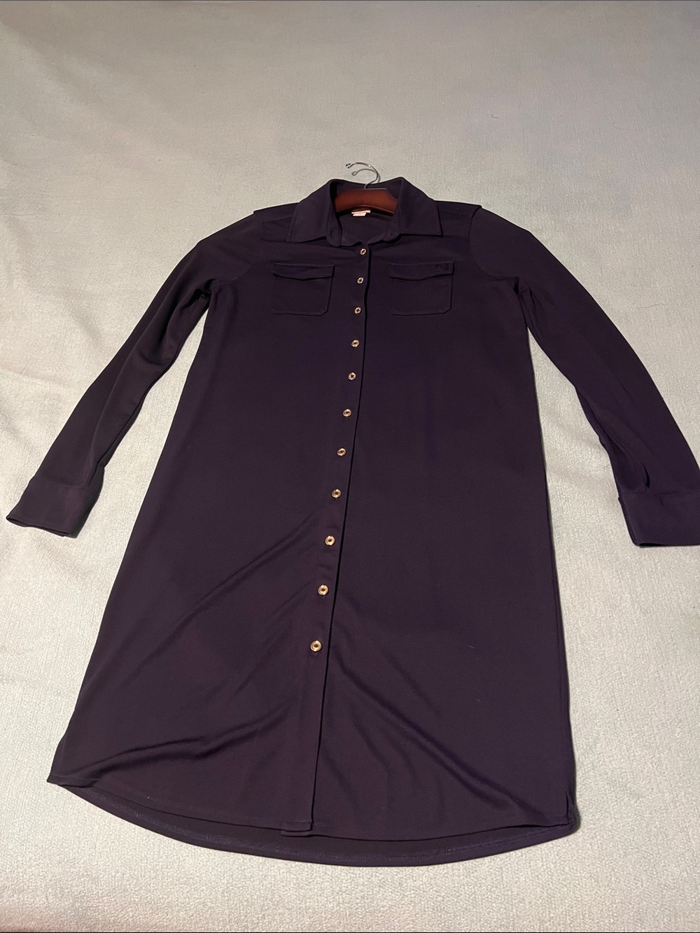 Anne Klein Long-Sleeve Button Front Shirt Dress in Deep Plum